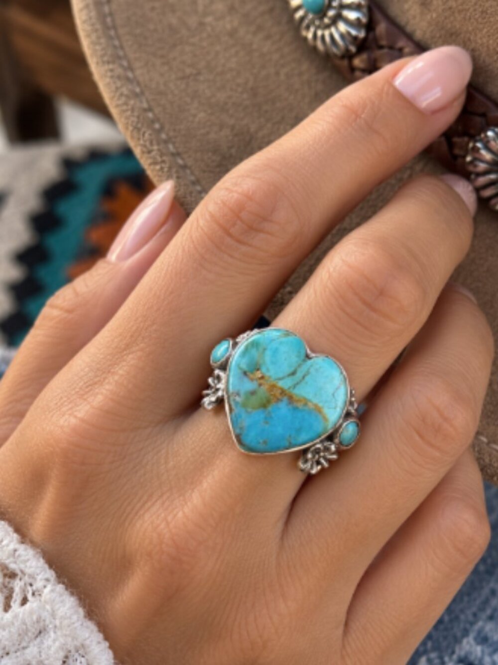 Heart Turquoise Ring, Solid 925 Sterling Silver, Statement Gemstone Jewelry